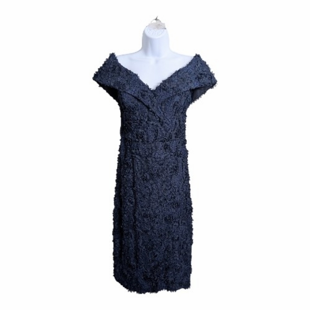 Xscape Navy Blue Off-The-Shoulder Lace Bodycon Dress Floral Texture Formal 4